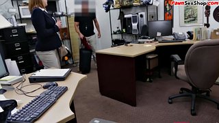 Busty pawnshop amateur sucks before sex out the back of shop