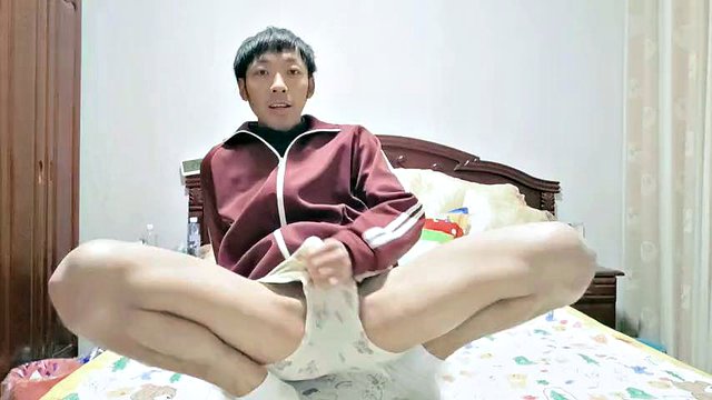 Asian cute boy slutty in dormitory masturbates, moans, ejaculates and eats cum