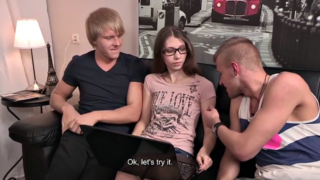 Nice creampie for a shy nerd brunette teen with glasses