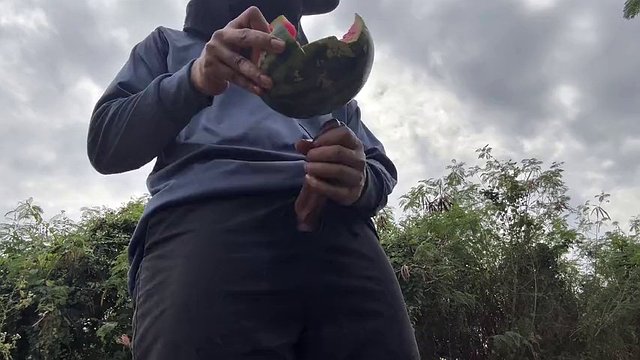 Thai Worker Cum With Watermelon