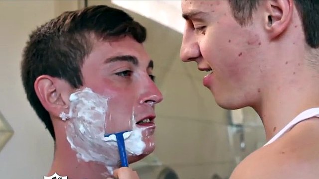 Shaving gay slut gags on his BF's hard dick
