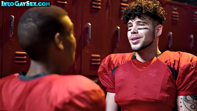 Athletic black stud bareback fucks boyfriend in sports locker room
