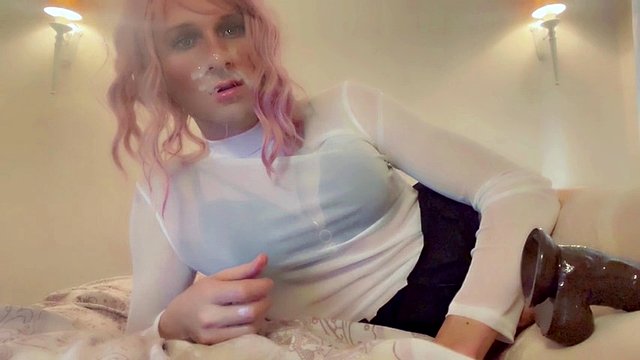 Pathetic sissy cums all over her face with a BBC dildo in her ass on camera