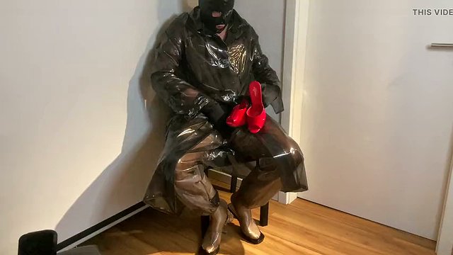 Red Mules Cum and Plastic Fetish Outfit