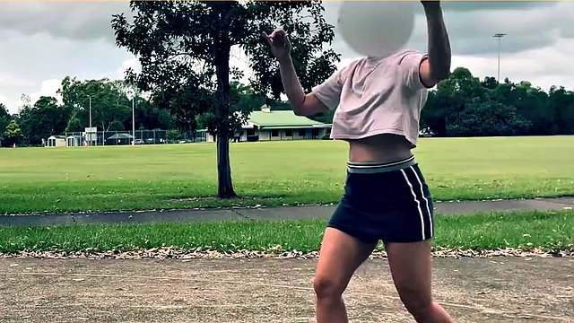 The wife dares to play basketball without bra and panties in a short skirt.