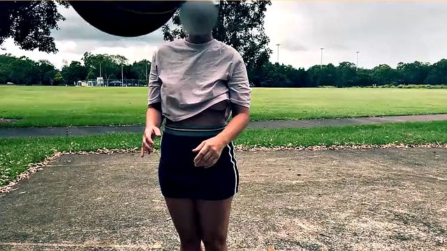 The wife dares to play basketball without bra and panties in a short skirt.