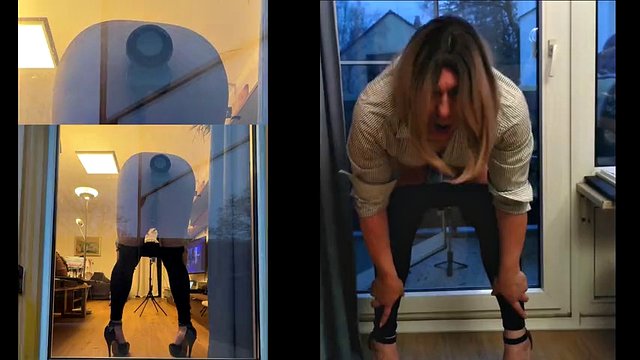 Sissy in Leggins playing with Dildo on balcony