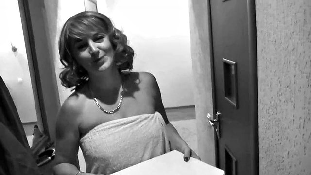 Pizza delivery guy brought pizza His met by naked owner sexy blonde MILF without panties and bra. Shower. Ass mature Tits Pussy