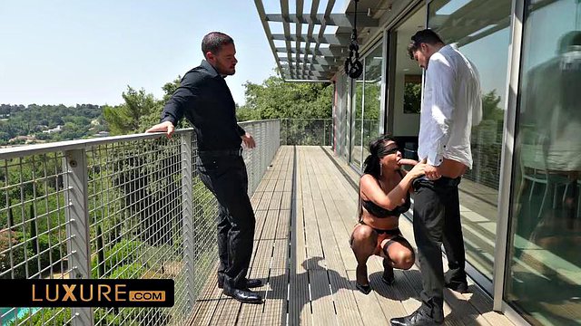 Mariska, blindfolded in a trio