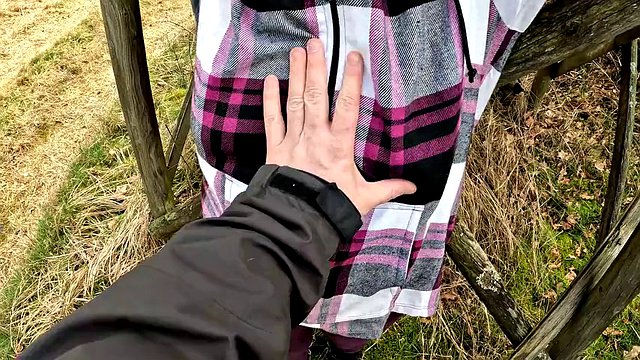 Slapping her tits red in the woods