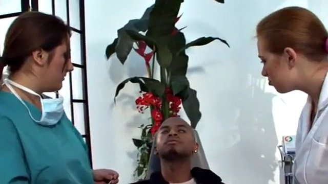 CFNM babes jerk tiny black dick at the dentist