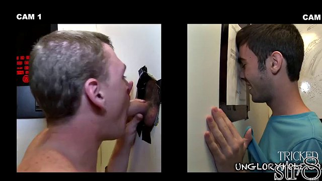 Tricked straight stud gets gloryhole gay BJ in hidden room