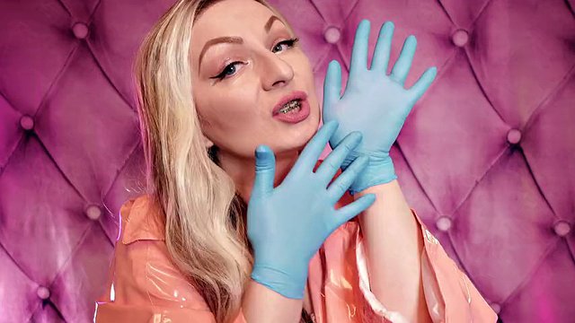 ASMR: blue nitrile gloves fetish - hot sounding - MILF in pink PVC coat (Arya Grander)