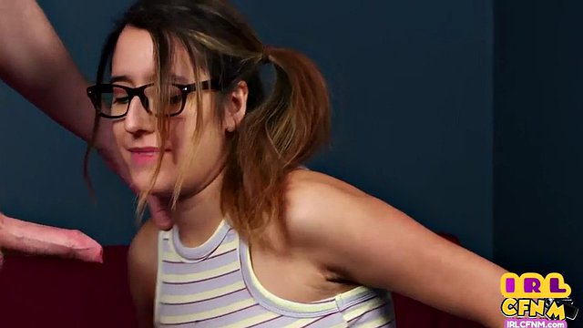 Cfnm teen with pigtails sucks and jerks off hard cock until cumshot