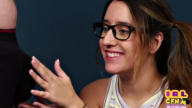 British CFNM amateur gal with glasses sucks cock until she cums