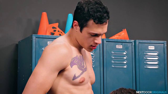 Naked lovers swap their coach's huge cock in a locker room threesome