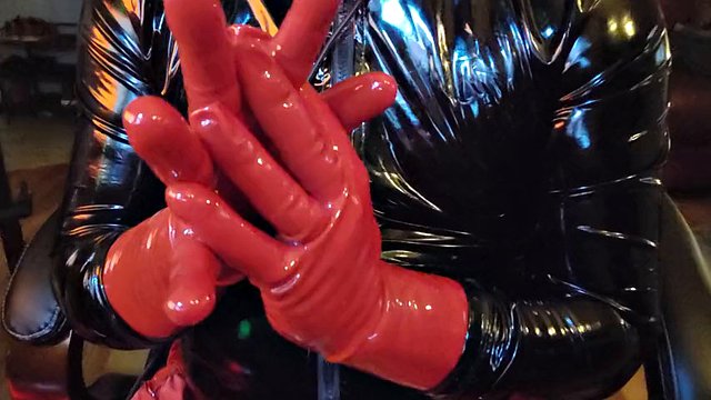 Brilliant masturbation in red latex gloves